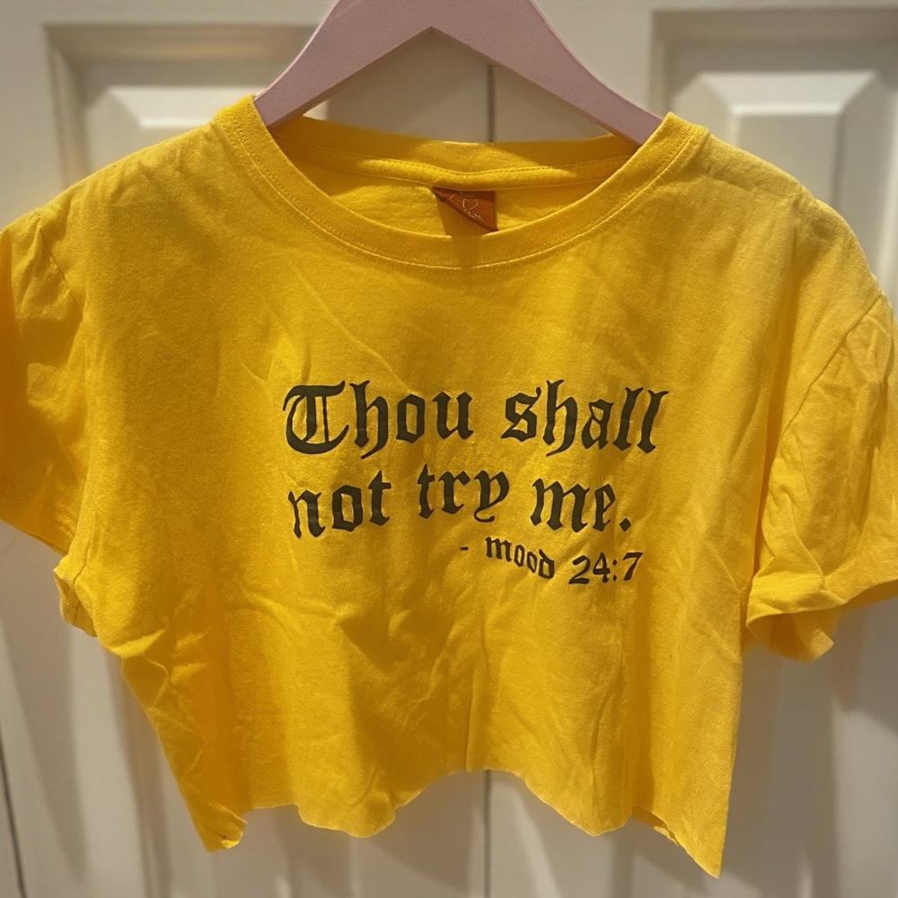 Yellow with black lettering graphic Thou Shall Not Try Me cut off tee size M